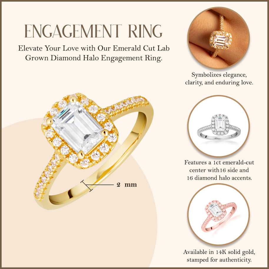 14k Gold Emerald Cut Lab Grown Diamond Halo Engagement Ring