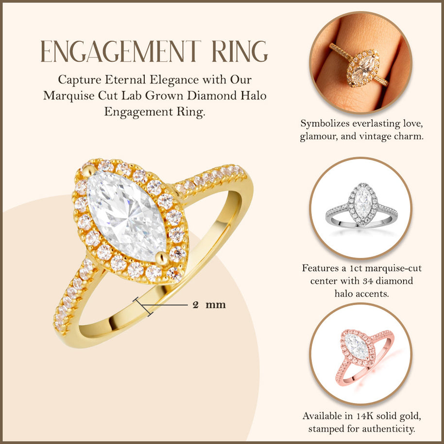 14K Gold Marquise Cut Lab Grown Diamond Halo Engagement Ring