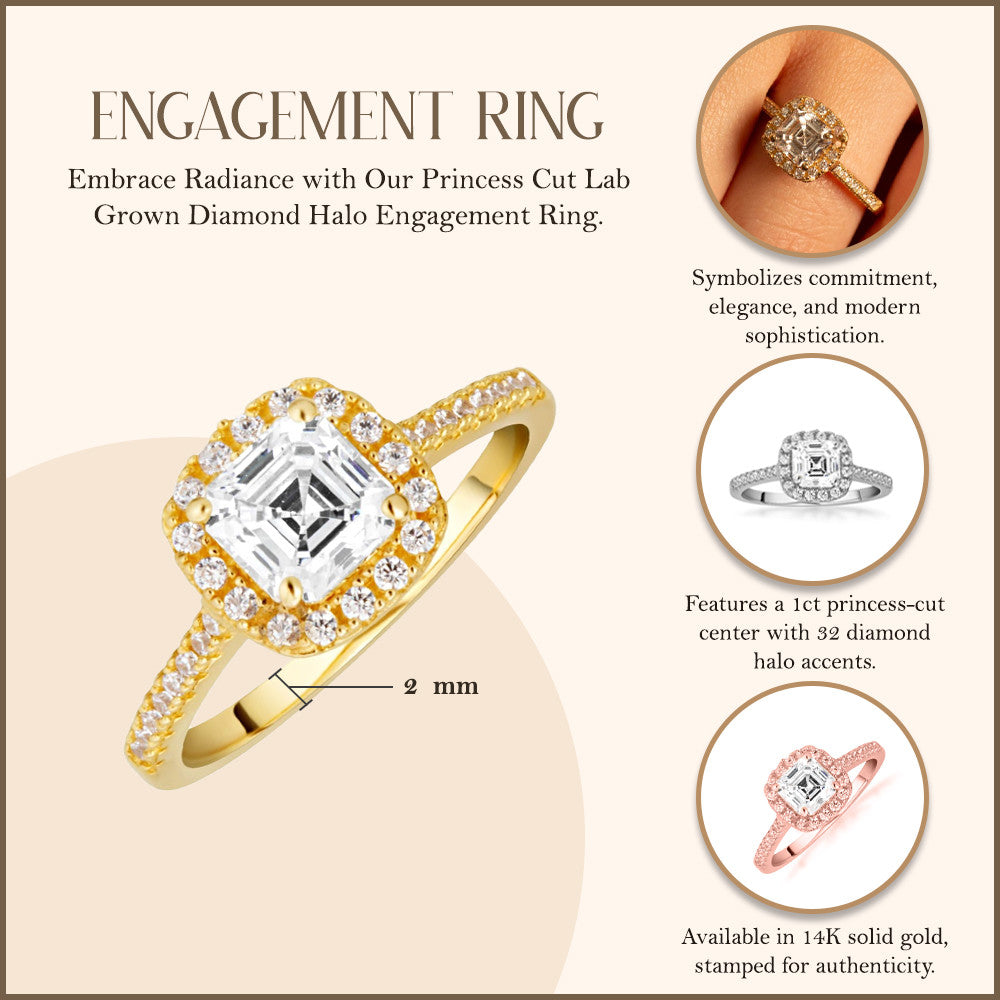 14k Gold Princess Cut Lab Grown Diamond Halo Engagement Ring