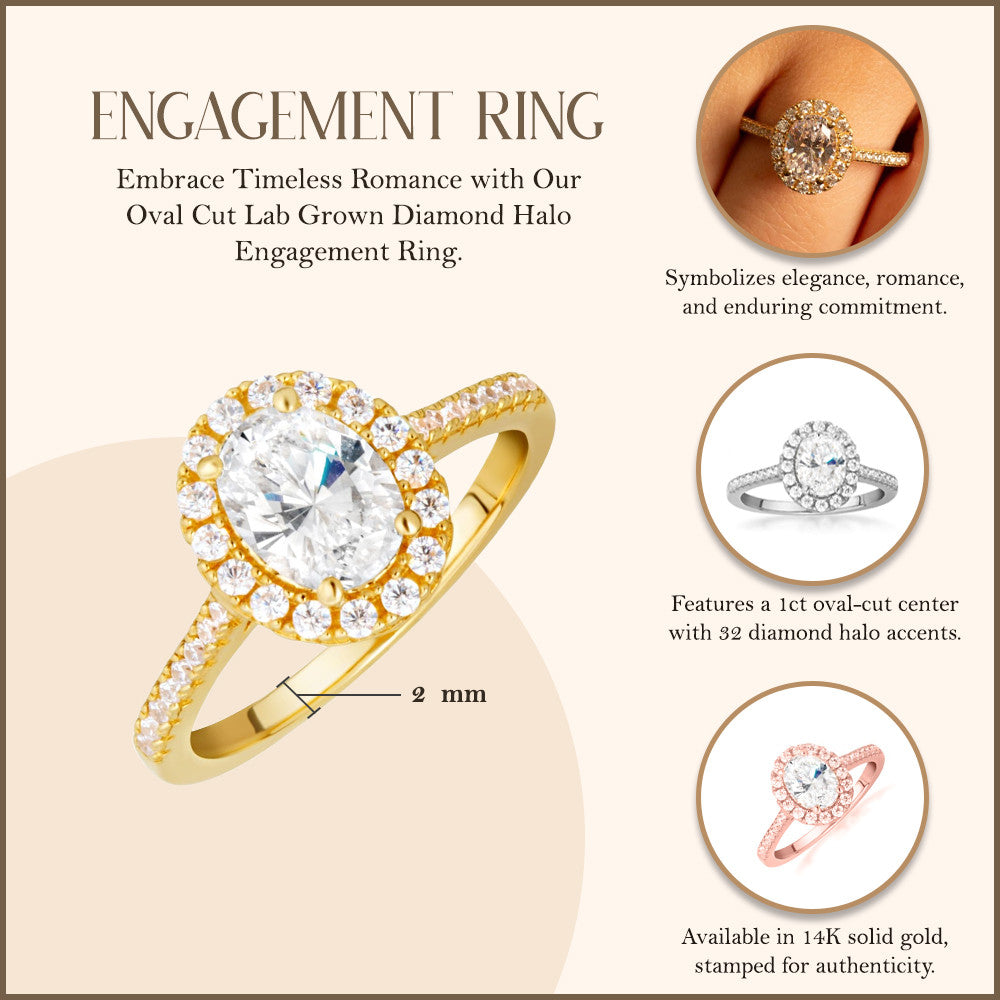 14k Gold Oval Cut Lab Grown Diamond Halo Engagement Ring 1.28cts