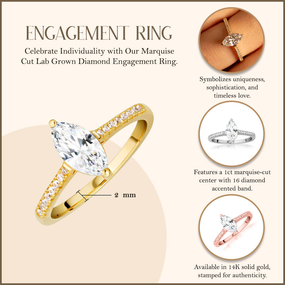 14k Gold Marquise Cut Lab Grown Diamond Engagement Ring 1.13cts
