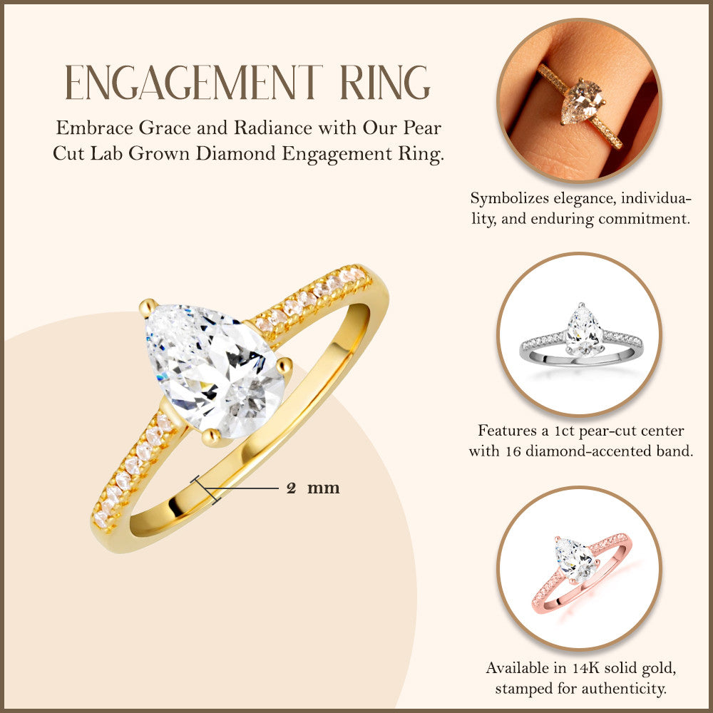 14K Gold Pear Cut Lab Grown Diamond Engagement Ring 1.13cts