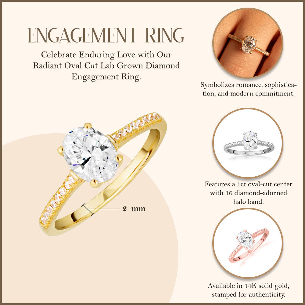 14K Gold Oval Cut Lab Grown Diamond Engagement Ring 1.13cts (Available in Yellow/Rose/White Gold)