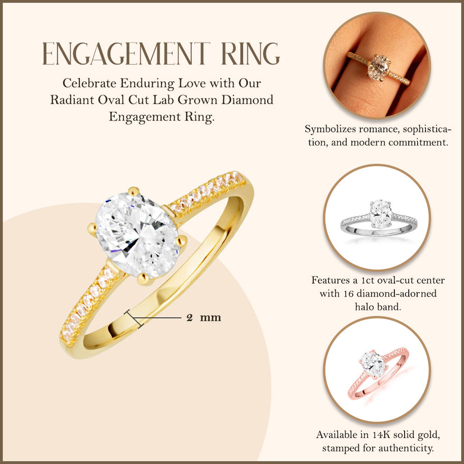 14K Gold Oval Cut Lab Grown Diamond Engagement Ring 1.13cts (Available in Yellow/Rose/White Gold)