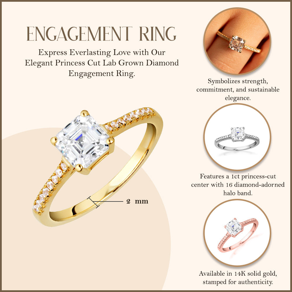 14K Gold Princess Cut Lab Grown Diamond Engagement Ring 1.13cts (Available in Yellow/Rose/White Gold)