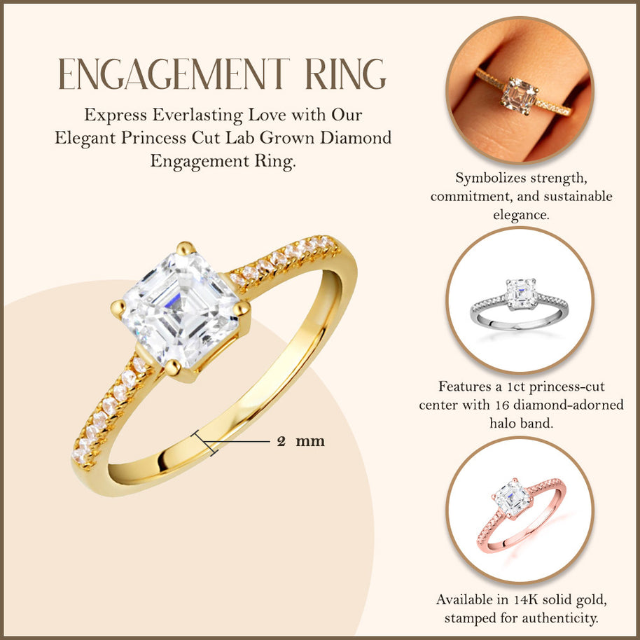 14K Gold Princess Cut Lab Grown Diamond Engagement Ring 1.13cts (Available in Yellow/Rose/White Gold)