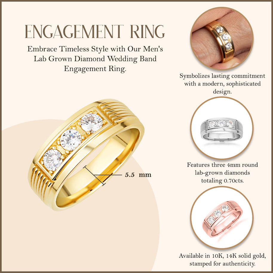 Gold Men's Lab Grown Diamond Wedding Band Engagement Ring (Available in Yellow/Rose/White Gold)