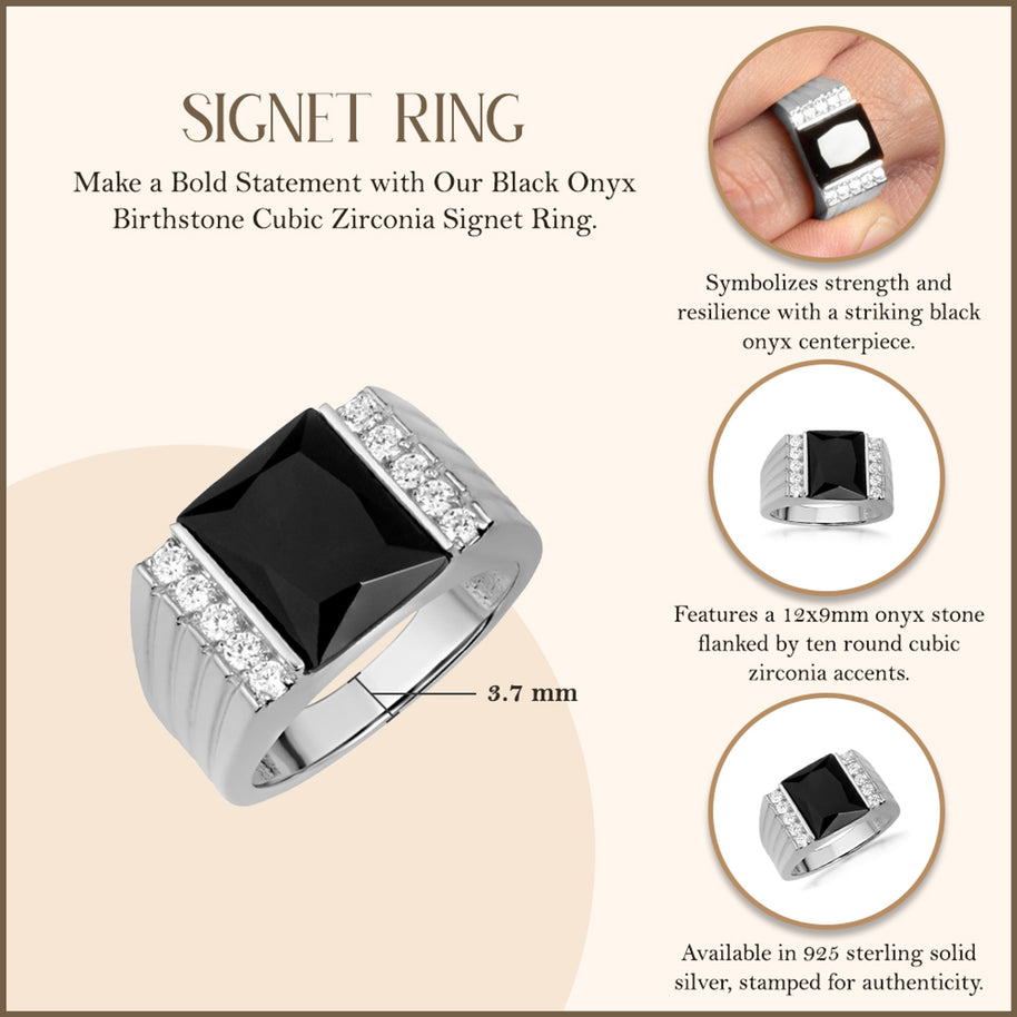 .925 Sterling Silver Black Onyx Birthstone Cubic Zirconia Signet Ring