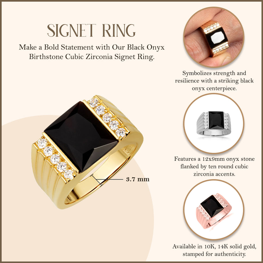 Gold Black Onyx Birthstone Cubic Zirconia Signet Ring (Available in Yellow/Rose/White Gold)