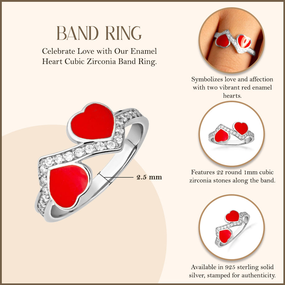 .925 Sterling Silver Enamel Heart Cubic Zirconia Band Ring