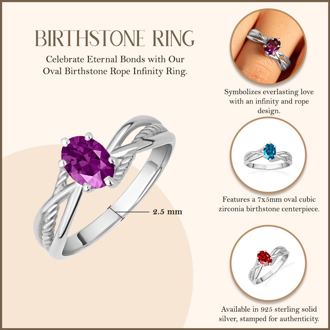 .925 Sterling Silver Custom Oval Birthstone Infinity Rope Band Ring