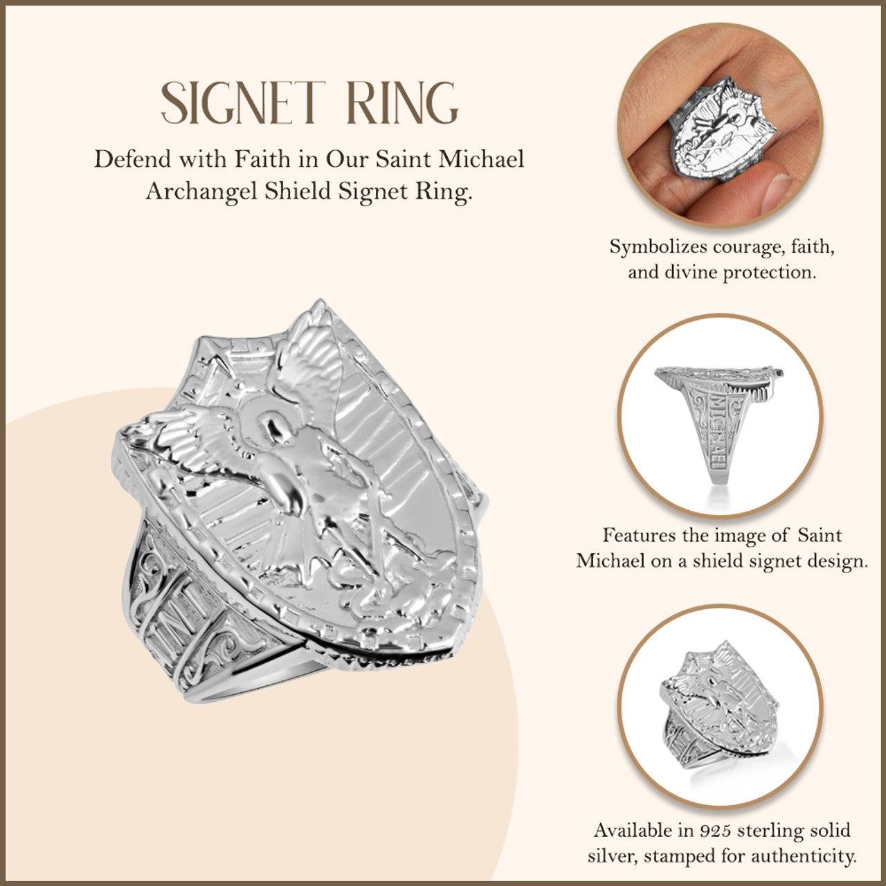 .925 Sterling Silver Saint Michael Archangel Shield Signet Ring