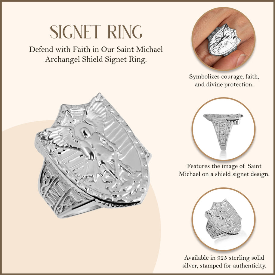 .925 Sterling Silver Saint Michael Archangel Shield Signet Ring