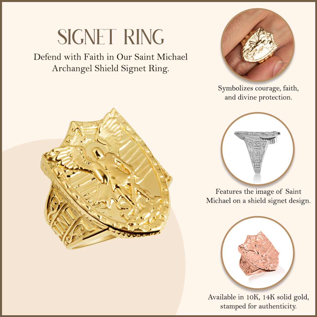 Gold Saint Michael Archangel Shield Signet Ring (Available in Yellow/Rose/White Gold)