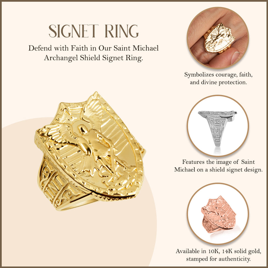 Gold Saint Michael Archangel Shield Signet Ring (Available in Yellow/Rose/White Gold)