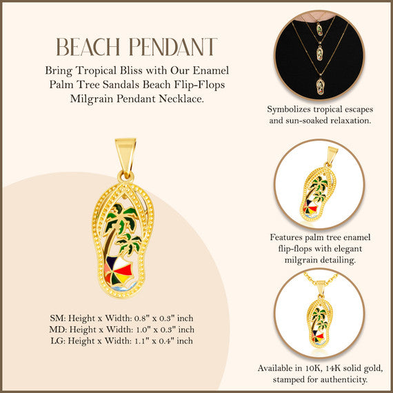 Gold Enamel Palm Tree Sandals Beach Flip-Flops Milgrain Pendant Necklace (Available in Small/Medium/Large & Yellow/Rose/White Gold)
