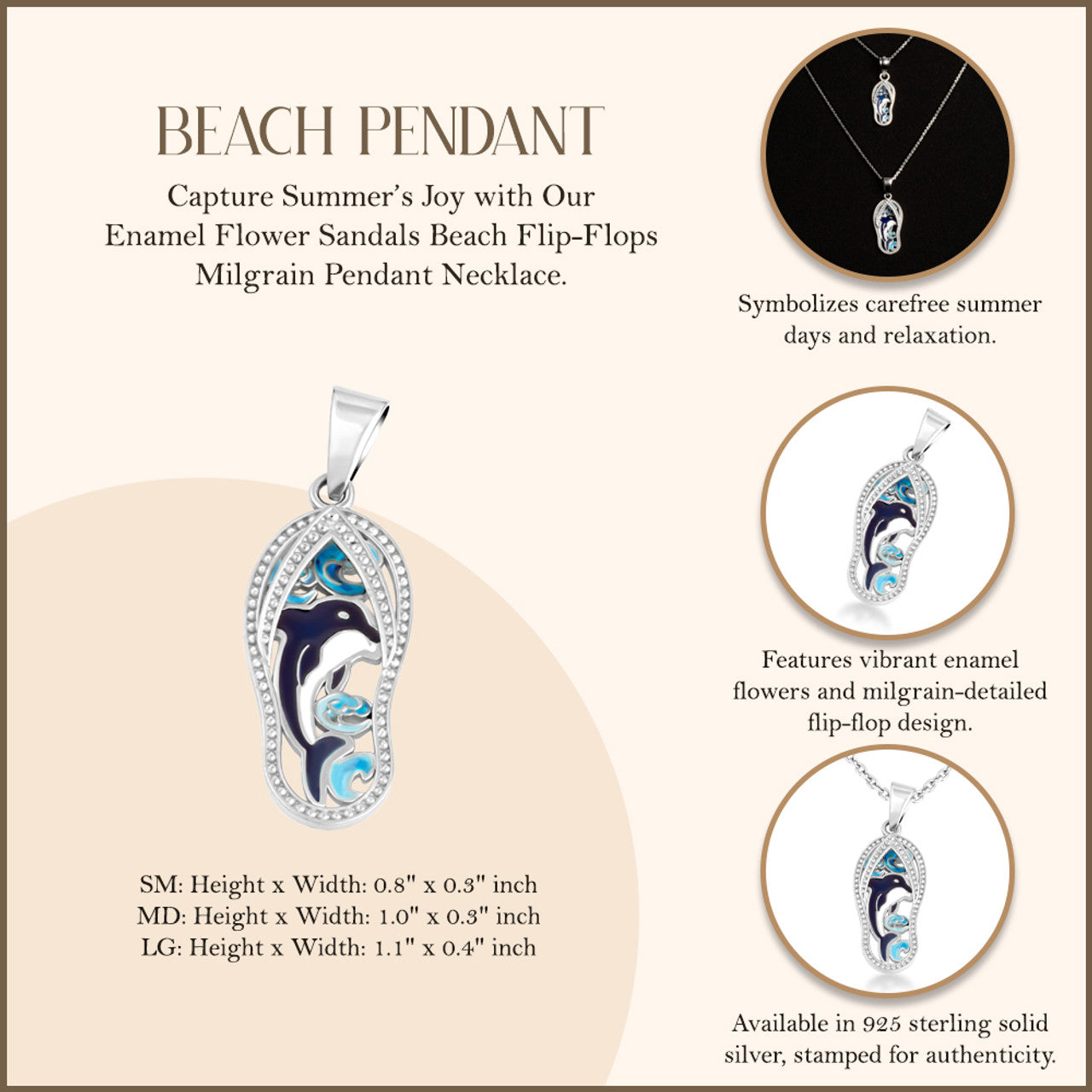 .925 Sterling Silver Blue Enamel Marine Dolphin Sandals Beach Flip-Flops Milgrain Pendant Necklace (Available in Small/Medium/Large)