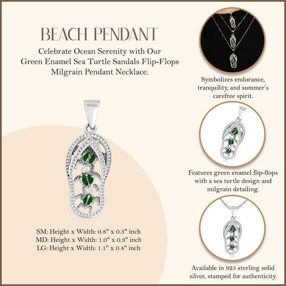 .925 Sterling Silver Green Enamel Sea Turtle Sandals Beach Flip-Flops Milgrain Pendant Necklace (Available in Small/Medium/Large)