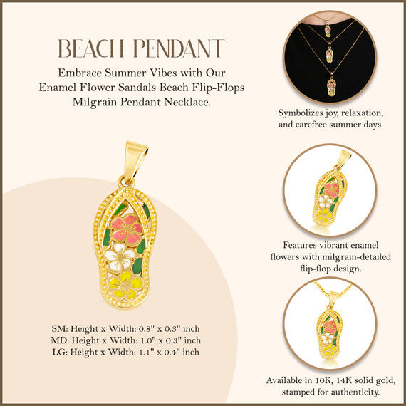 Gold Enamel Flower Sandals Beach Flip-Flops Milgrain Pendant Necklace (Available in Yellow/Rose/White Gold)