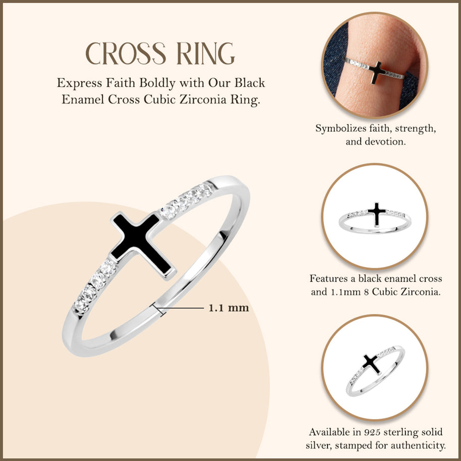 .925 Sterling Silver Black Enamel Cross Cubic Zirconia Ring