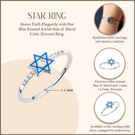 .925 Sterling Silver Blue Enamel Jewish Star of David Cubic Zirconia Ring
