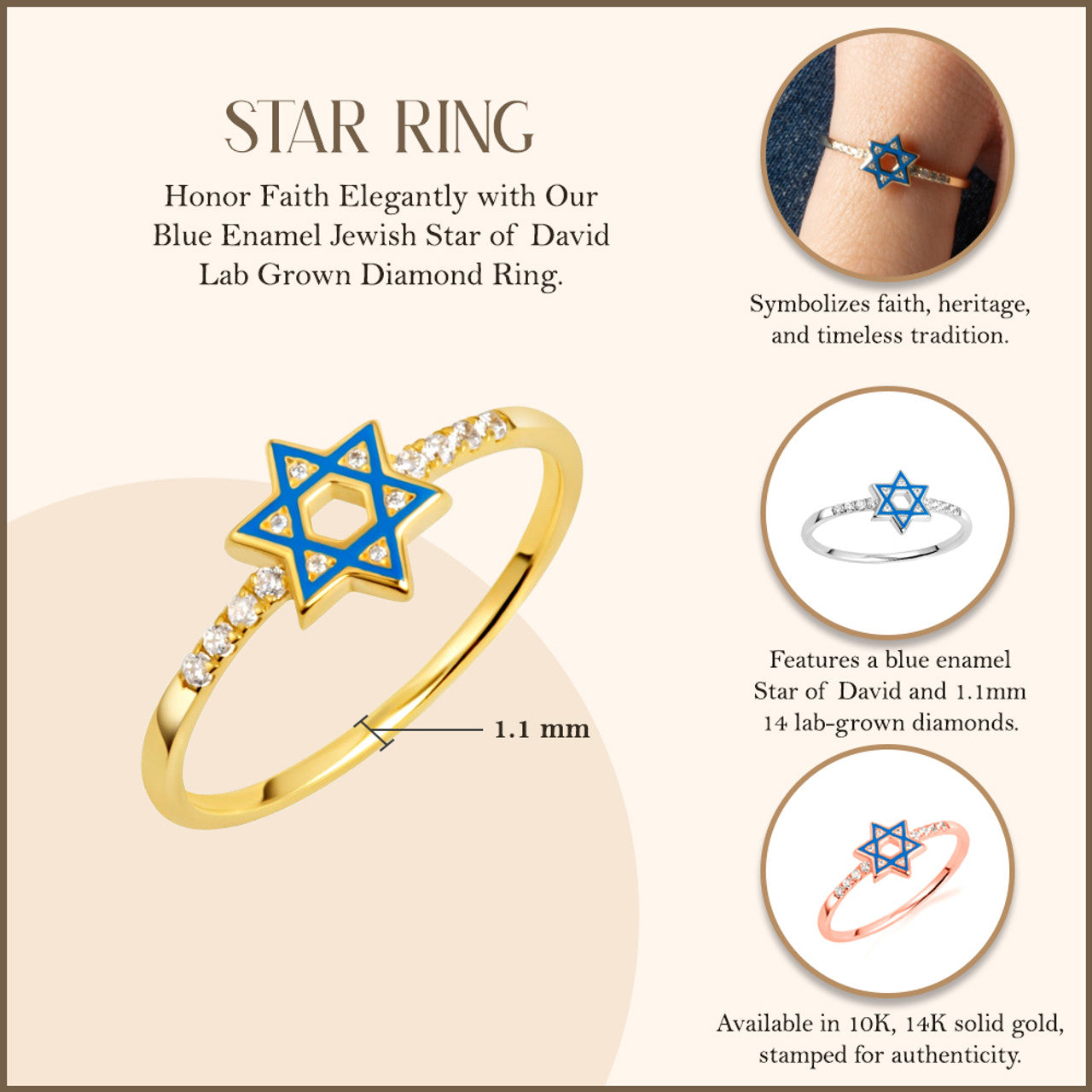 Gold Blue Enamel Jewish Star of David Lab Grown Diamond Ring (Available in Yellow/Rose/White Gold)