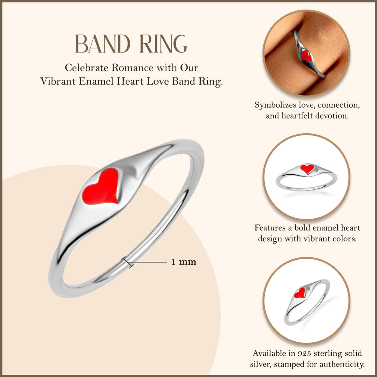 .925 Sterling Silver Enamel Heart Love Band Ring
