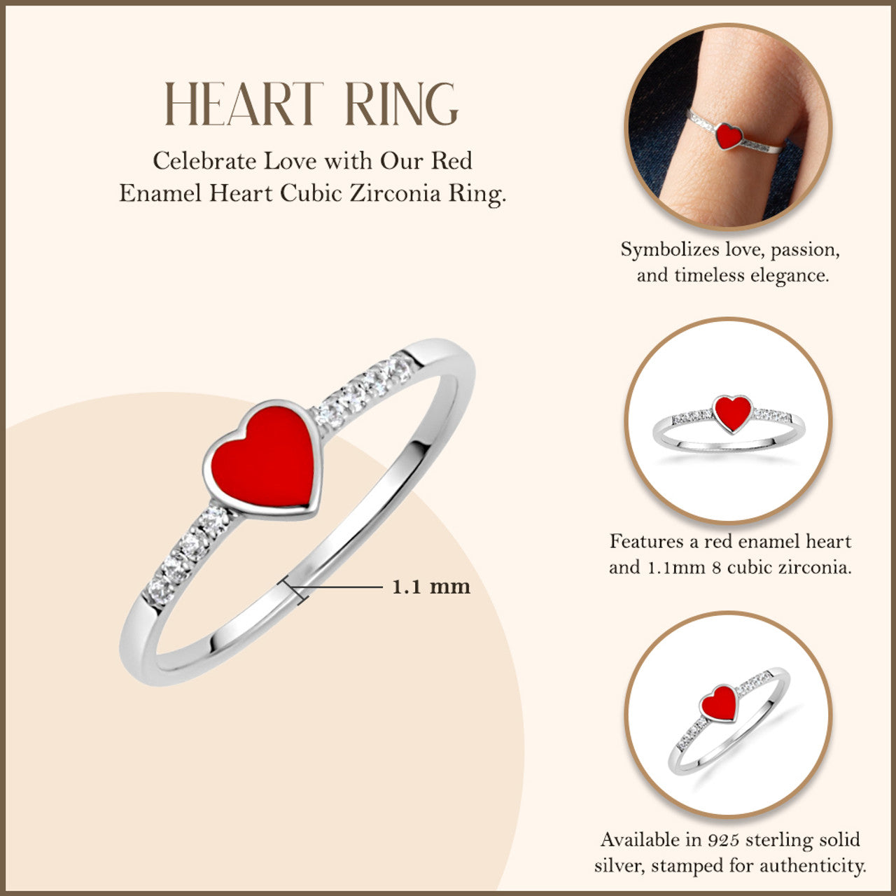 .925 Sterling Silver Red Enamel Heart Cubic Zirconia Ring