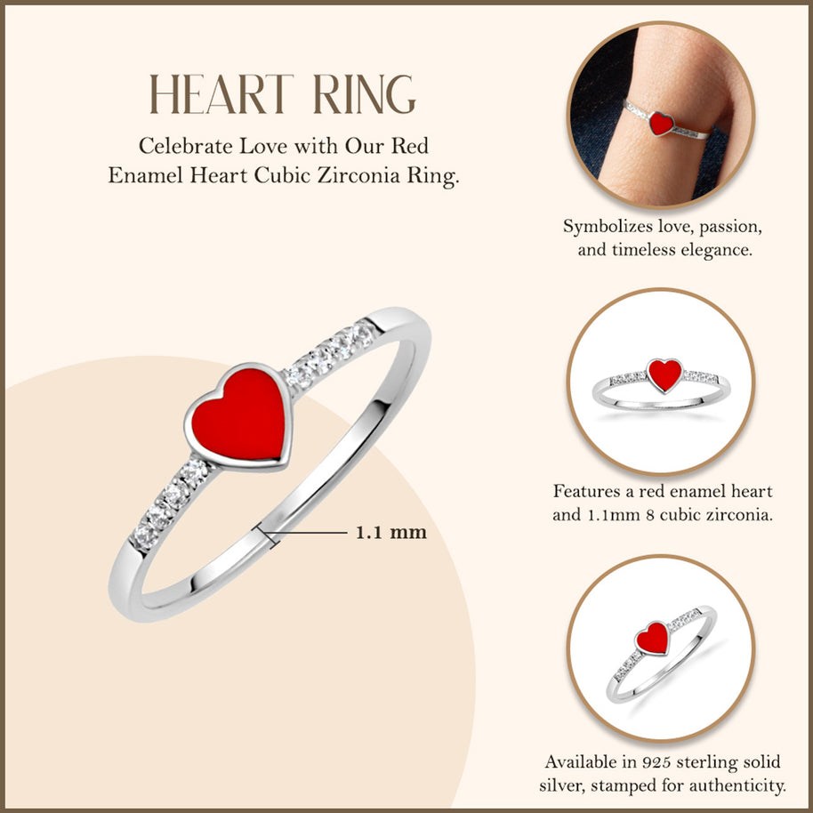 .925 Sterling Silver Red Enamel Heart Cubic Zirconia Ring