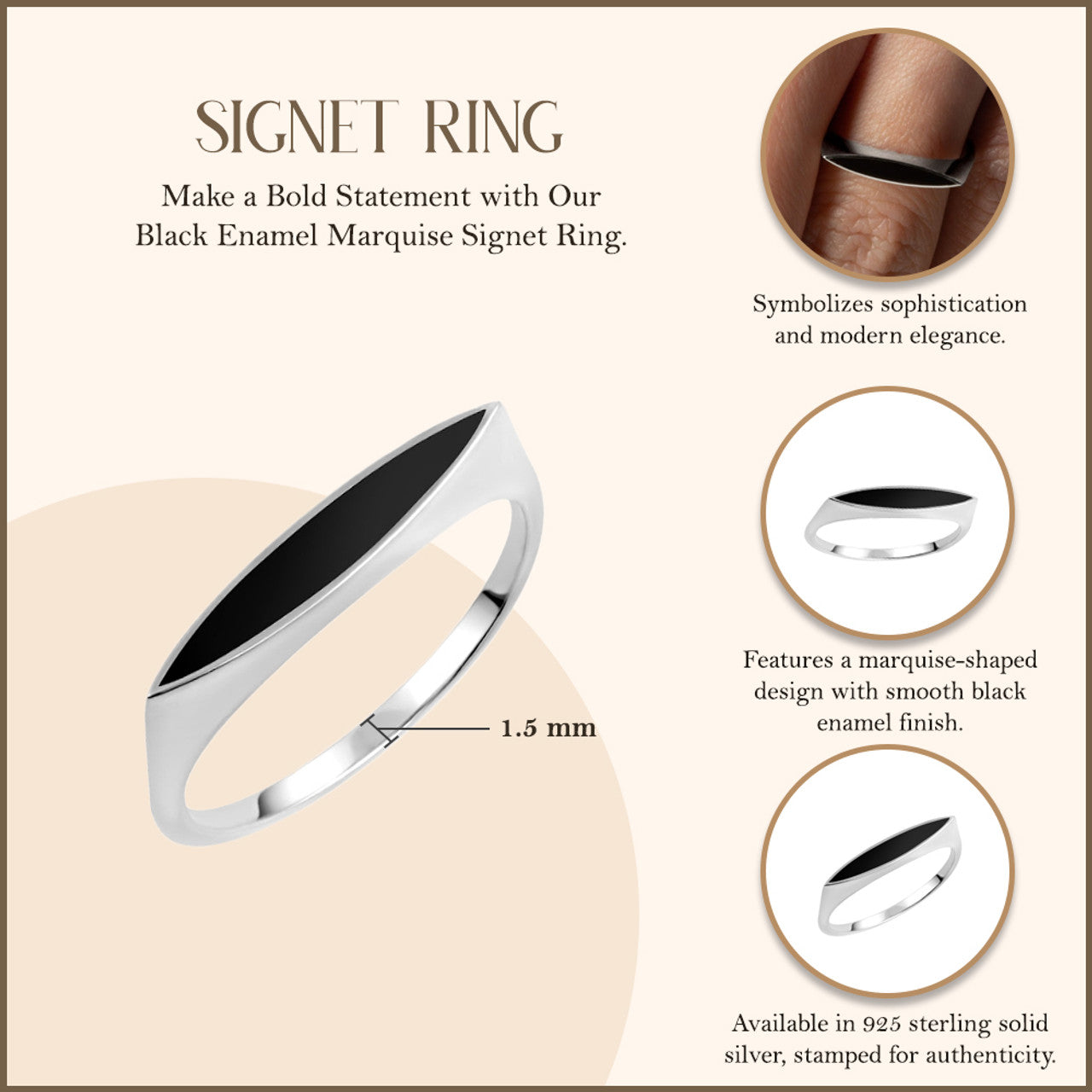 .925 Sterling Silver Black Enamel Marquise Signet Ring