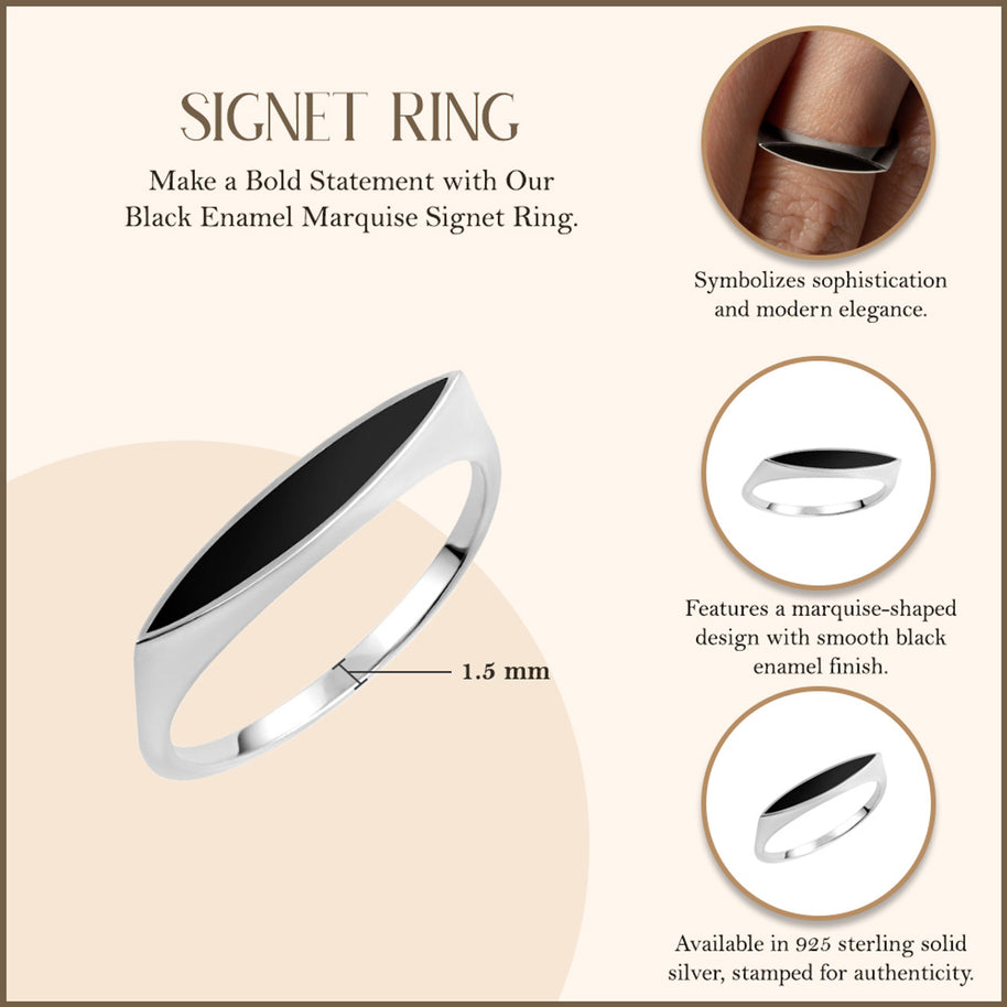 .925 Sterling Silver Black Enamel Marquise Signet Ring