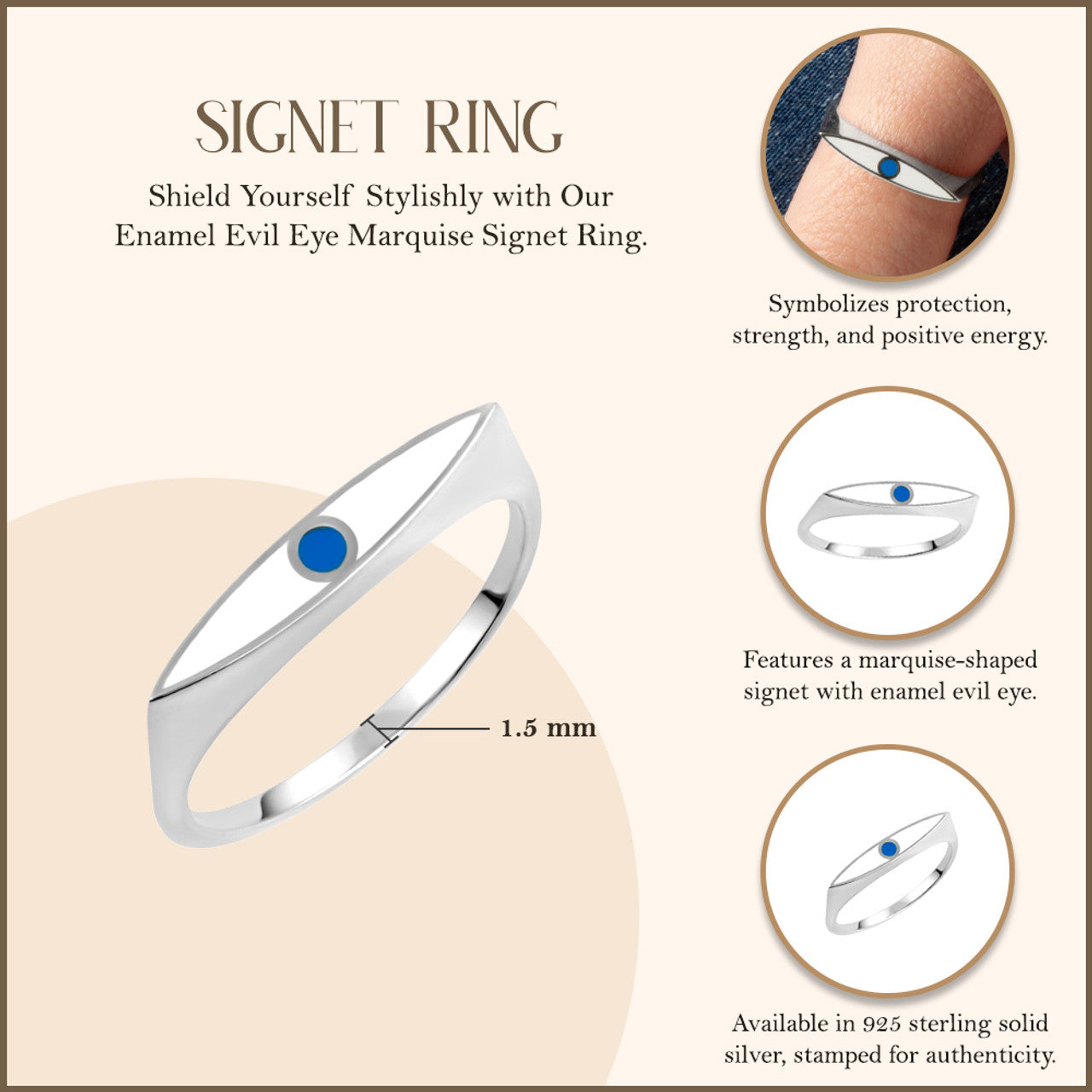 .925 Sterling Silver Enamel Evil Eye Marquise Signet Ring