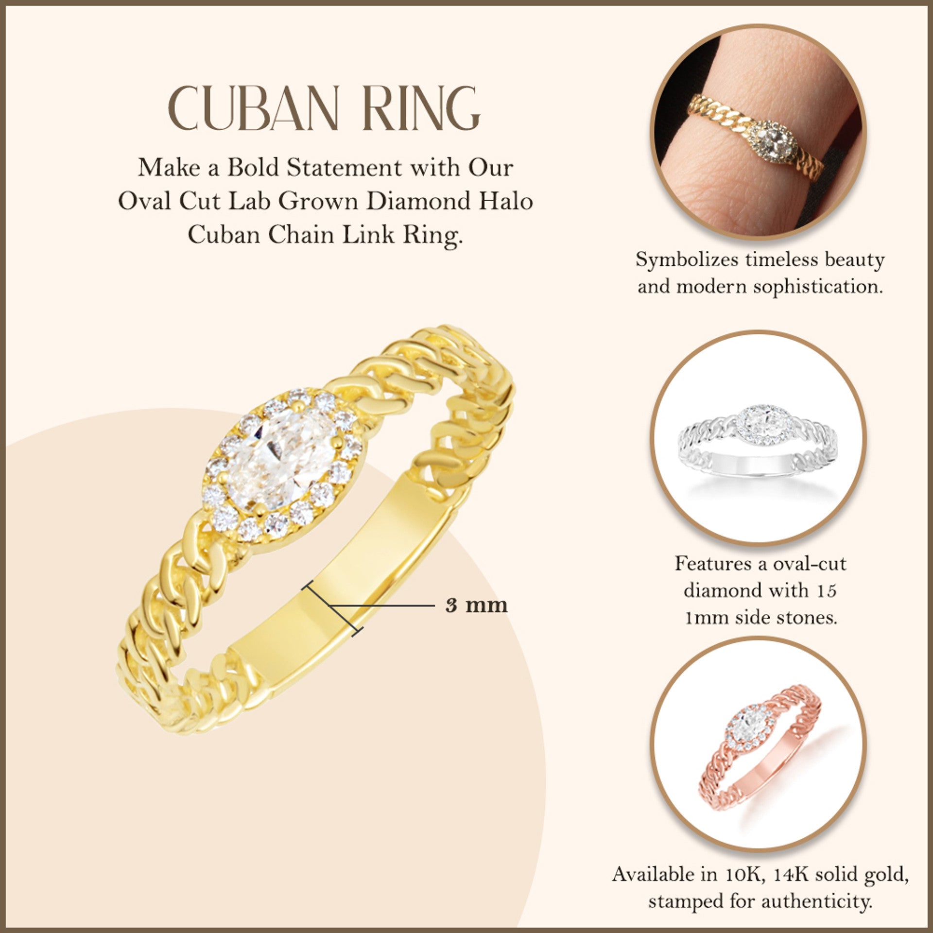 Gold Oval Cut Lab Grown Diamond Halo Cuban Chain Link Ring (Available in Yellow/Rose/White Gold)