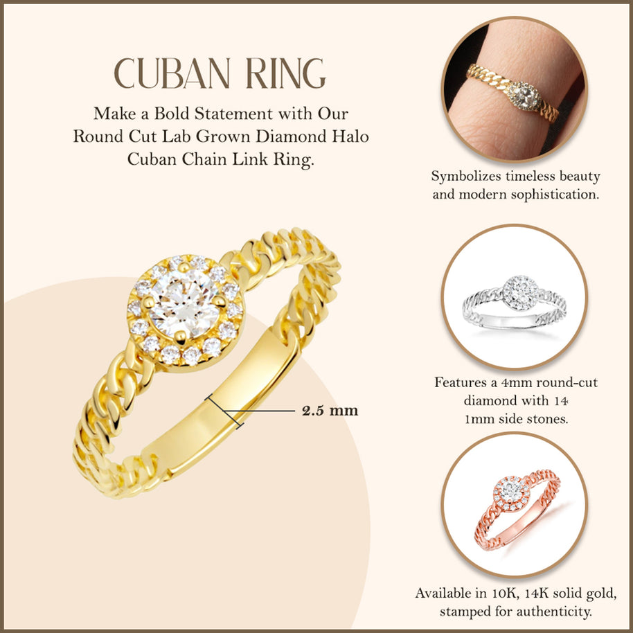 Gold Round Cut Lab Grown Diamond Halo Cuban Chain Link Ring (Available in Yellow/Rose/White Gold)
