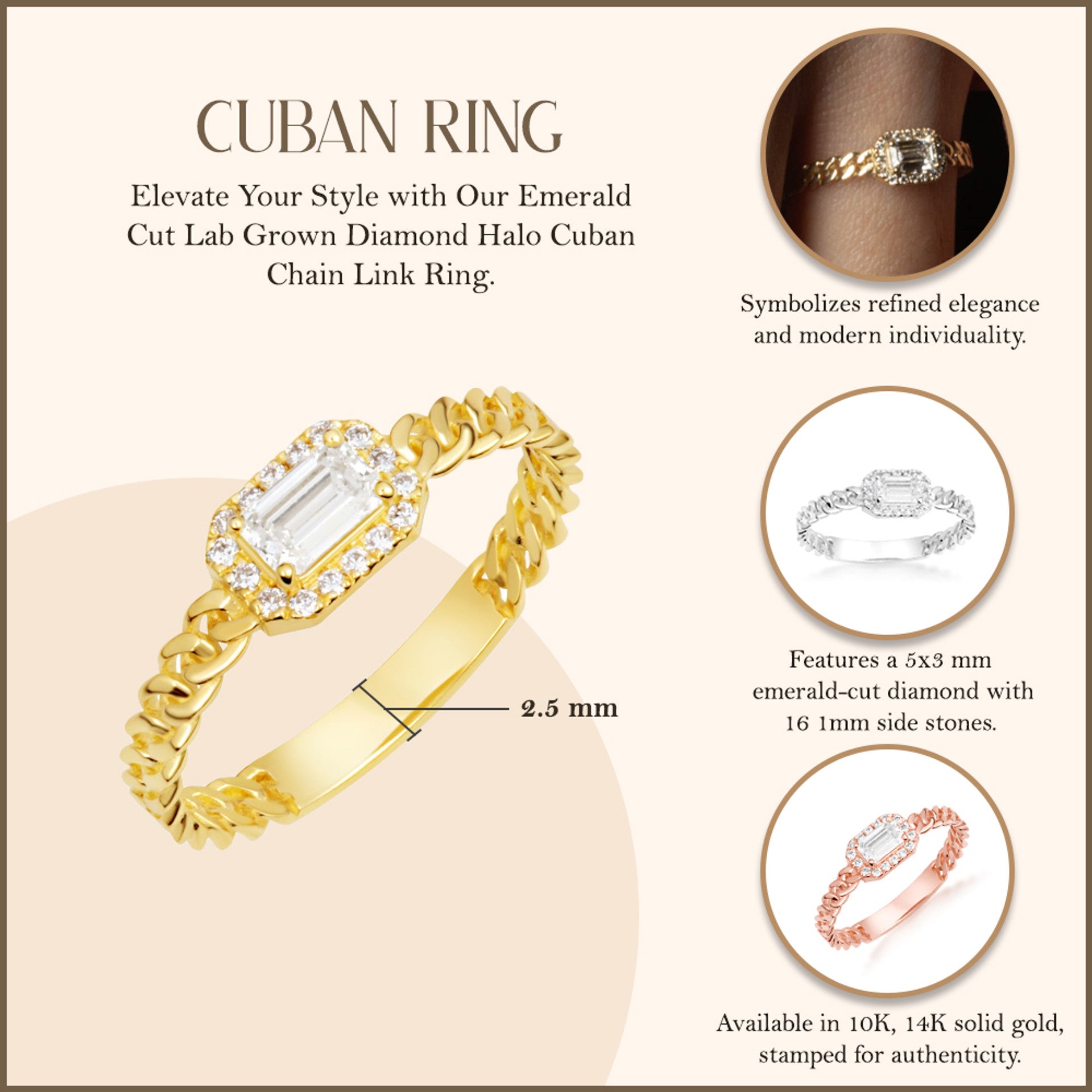 Gold Emerald Cut Lab Grown Diamond Halo Cuban Chain Link Ring (Available in Yellow/Rose/White Gold)