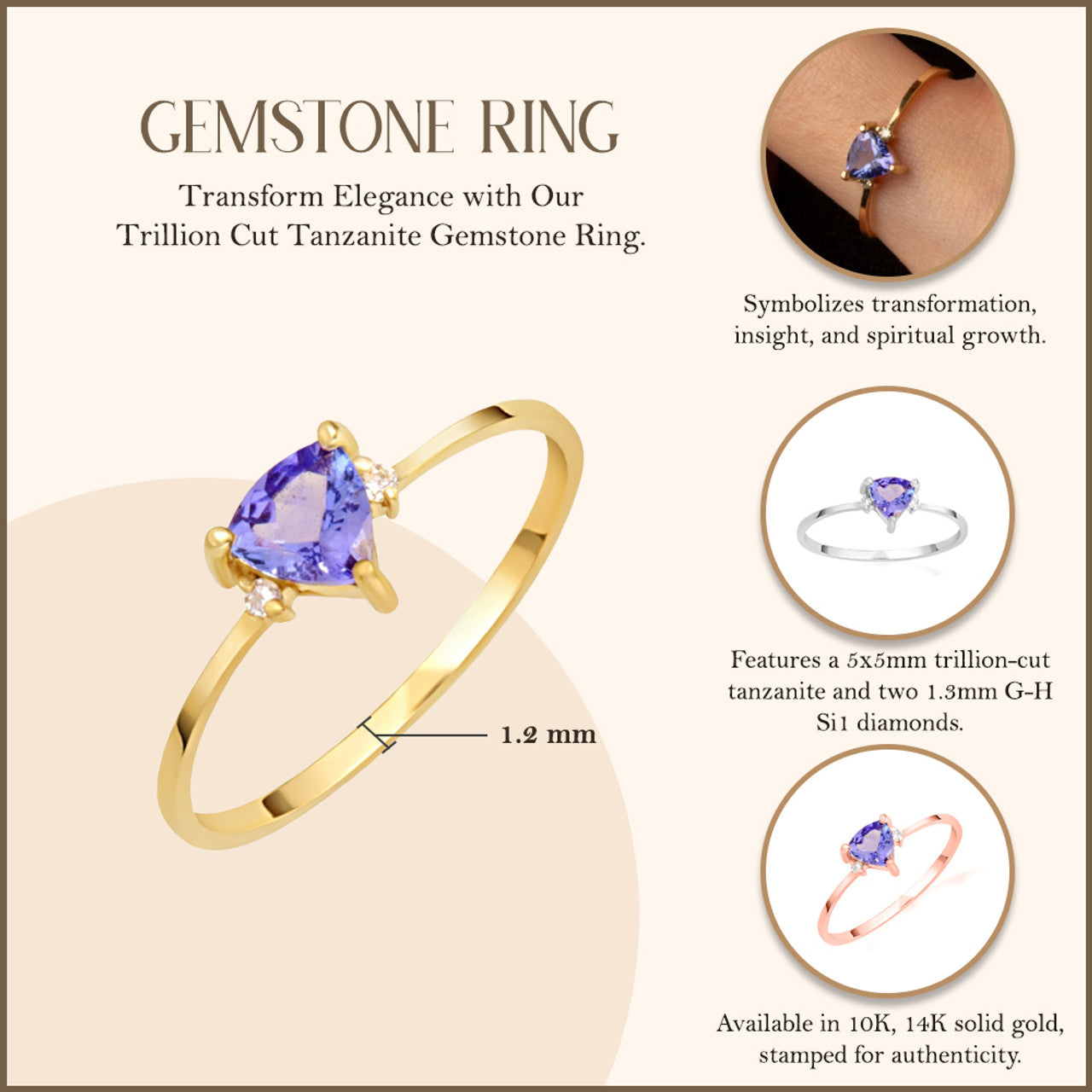 Gold Trillion Cut Tanzanite Gemstone Ring (Available in Yellow/Rose/White Gold)