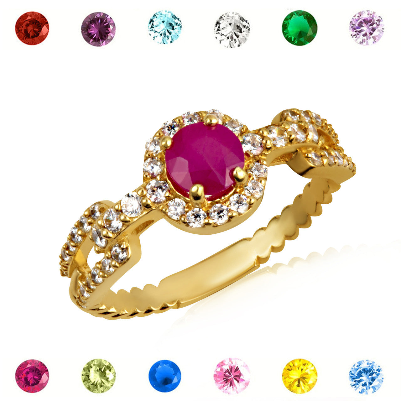 Gold Round Gemstone Diamond Halo Studded Chain Link Ring (Available in Yellow/Rose/White Gold)