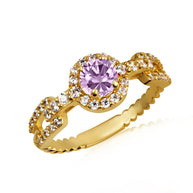 Gold Round Gemstone Diamond Halo Studded Chain Link Ring (Available in Yellow/Rose/White Gold)