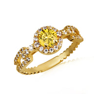 Gold Round Gemstone Diamond Halo Studded Chain Link Ring (Available in Yellow/Rose/White Gold)