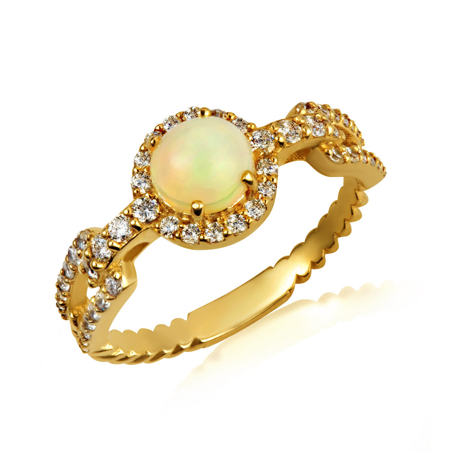 Gold Round Gemstone Diamond Halo Studded Chain Link Ring (Available in Yellow/Rose/White Gold)