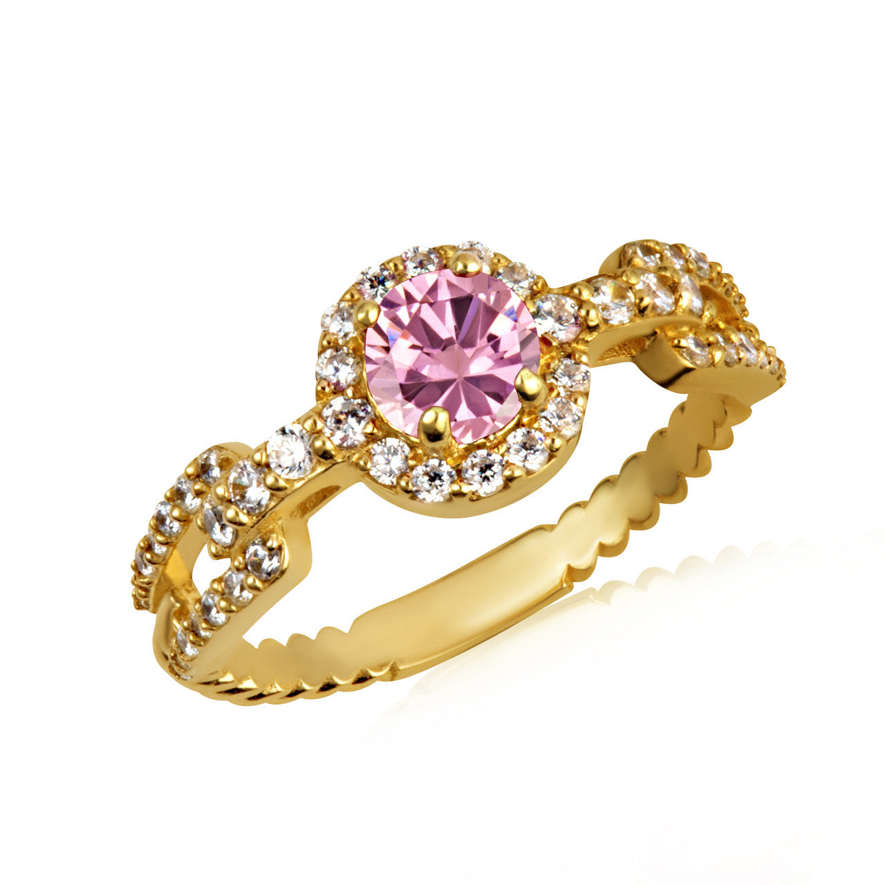 Gold Round Gemstone Diamond Halo Studded Chain Link Ring (Available in Yellow/Rose/White Gold)