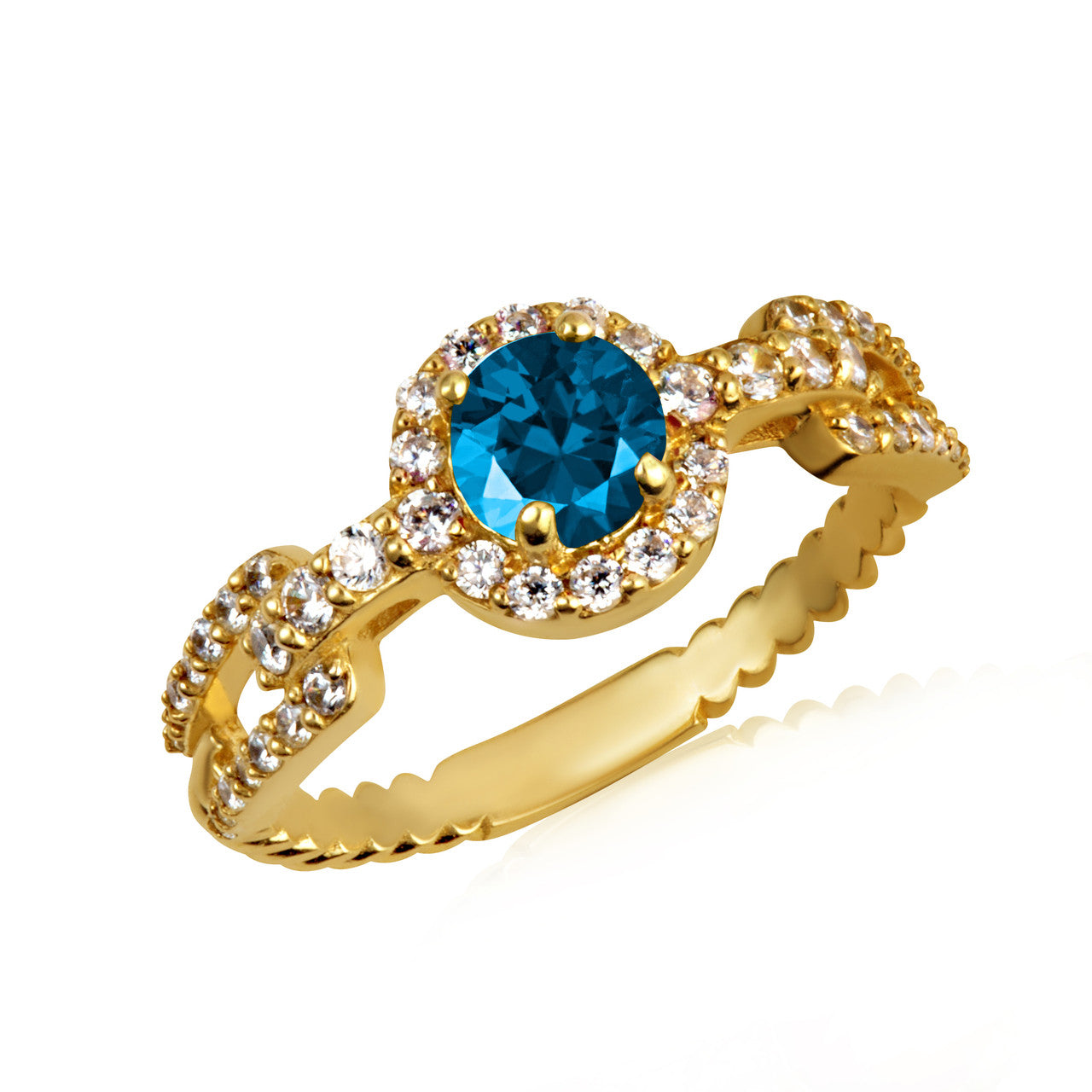 Gold Round Gemstone Diamond Halo Studded Chain Link Ring (Available in Yellow/Rose/White Gold)