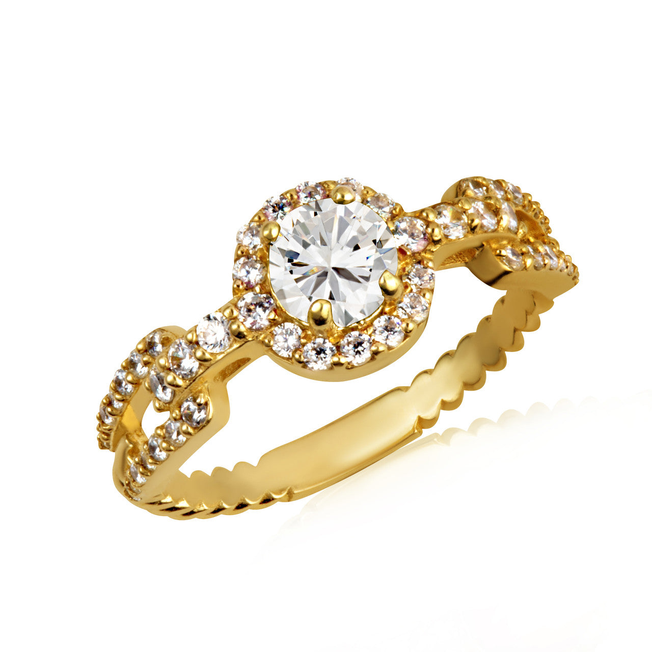 Gold Round Gemstone Diamond Halo Studded Chain Link Ring (Available in Yellow/Rose/White Gold)
