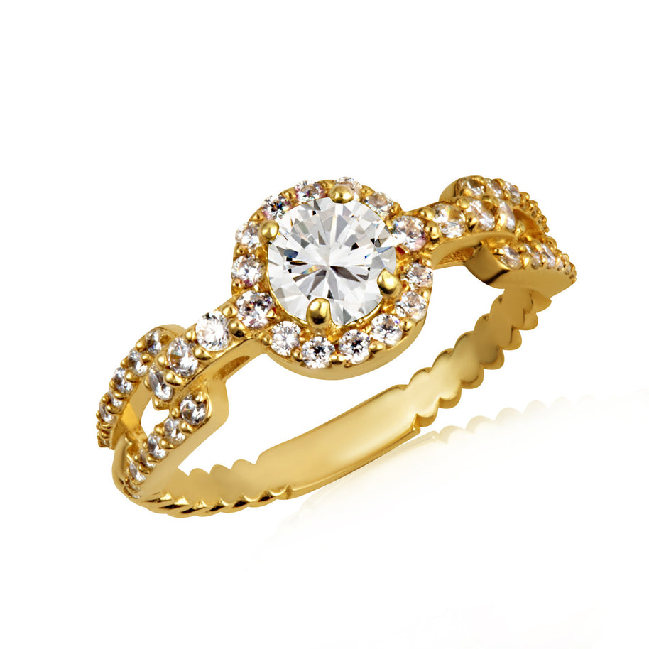 Gold Round Gemstone Diamond Halo Studded Chain Link Ring (Available in Yellow/Rose/White Gold)