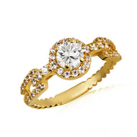 Gold Round Gemstone Diamond Halo Studded Chain Link Ring (Available in Yellow/Rose/White Gold)