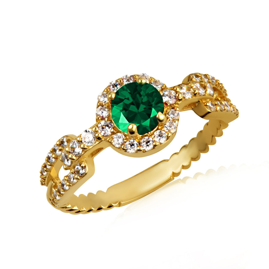 Gold Round Gemstone Diamond Halo Studded Chain Link Ring (Available in Yellow/Rose/White Gold)