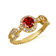 Gold Round Gemstone Diamond Halo Studded Chain Link Ring (Available in Yellow/Rose/White Gold)