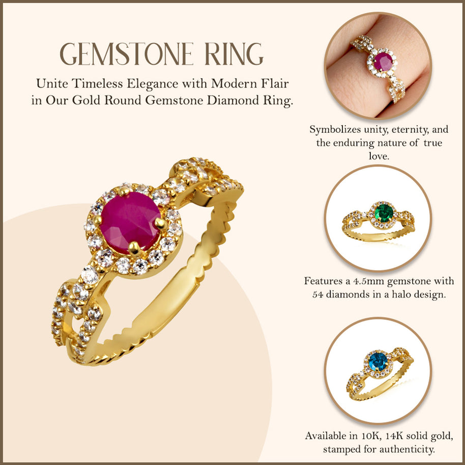 Gold Round Gemstone Diamond Halo Studded Chain Link Ring (Available in Yellow/Rose/White Gold)