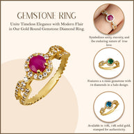 Gold Round Gemstone Diamond Halo Studded Chain Link Ring (Available in Yellow/Rose/White Gold)
