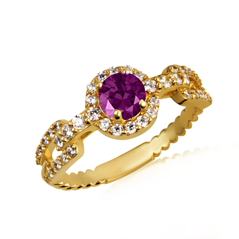 Gold Round Gemstone Diamond Halo Studded Chain Link Ring (Available in Yellow/Rose/White Gold)